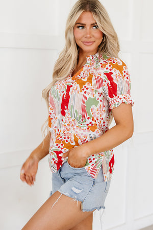 Pink Floral Print Button Frilled Short Sleeve Blouse