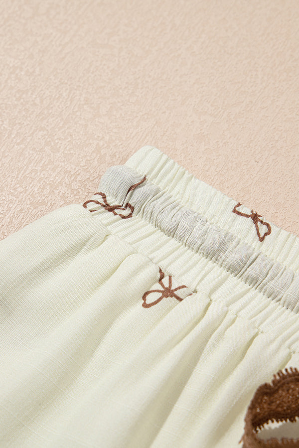 White Bow Print Lace Drawstring Elastic Waistband Casual Shorts