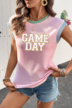 Pink Sequin GAME DAY Graphic Corded Rib Knit Colorblock T Shirt