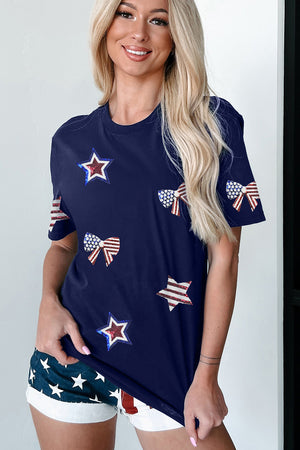 Blue Sequin USA Flag Bow Star Graphic Crewneck T Shirt