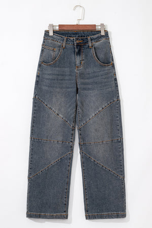 Sail Blue Exposed Stitching Loose Straight High Waist Jeans