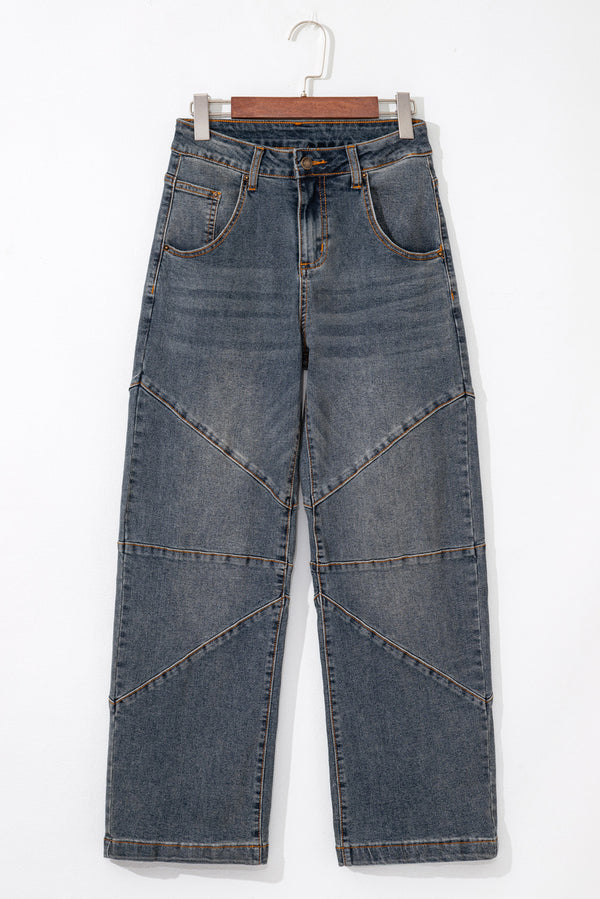 Sail Blue Exposed Stitching Loose Straight High Waist Jeans