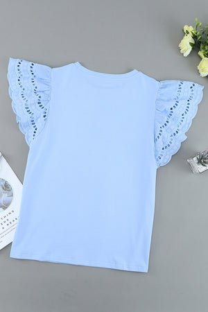White/Black/Blue/Green Hollow Out Ruffle Sleeve T-shirt