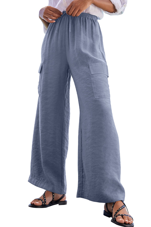 Dark Grey Drawstring Frilled Elastic Waistband Wide Leg Utility Trousers