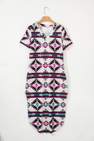 Beige Western Aztec Printed Long T-shirt Dress