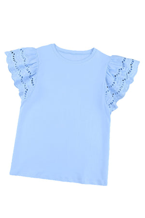 White/Black/Blue/Green Hollow Out Ruffle Sleeve T-shirt