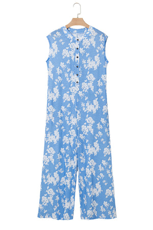 Myosotis Floral Print Half Button Wide Leg Relaxed Sleeveless Jumpsuit