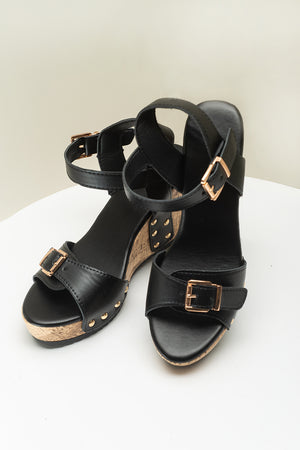 Black Rivet Buckle Closure Wedge Sandals