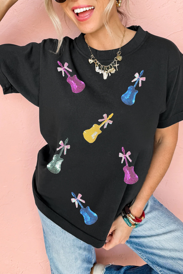 Black Sequined Bow Guitar Country Music Festival Casual Tee
