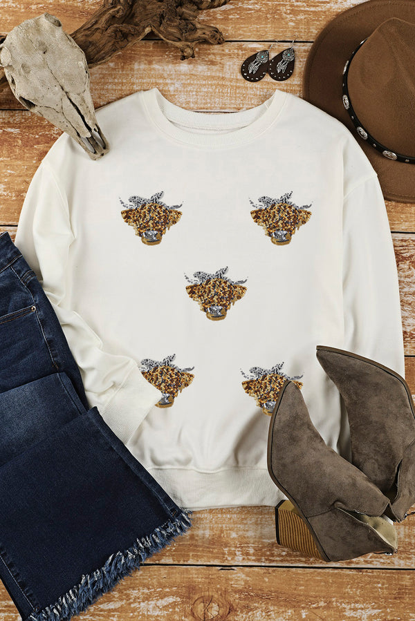White Sequin Heifer Patched Drop Shoulder Sweatshirt