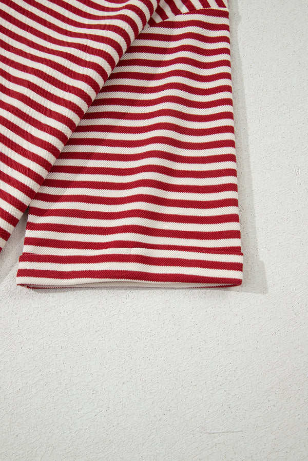 Red Stripe Bowknot Cutout Back Drop Shoulder Wide Bracelet Sleeve Loose Tee