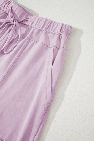 Pink Mineral Wash Exposed Seam Drawstring Elastic Waistband Wide Leg Cargo Pants