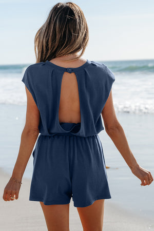 Ashleigh Blue Knit Open Back Cap Sleeve Drawstring Elastic Waistband Romper