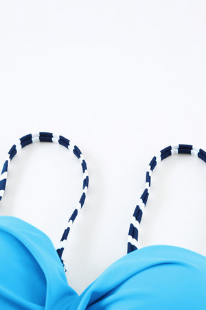 Striped Blue Padded Gather Push-up Bikini Set