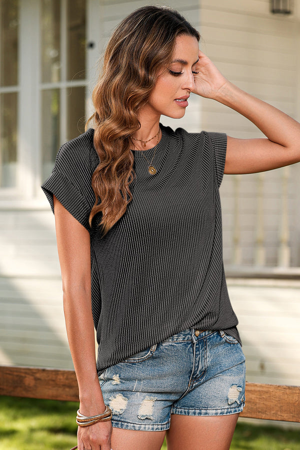 Carbon Grey Twisted Rib Wide Sleeve Crew Neck T Shirt